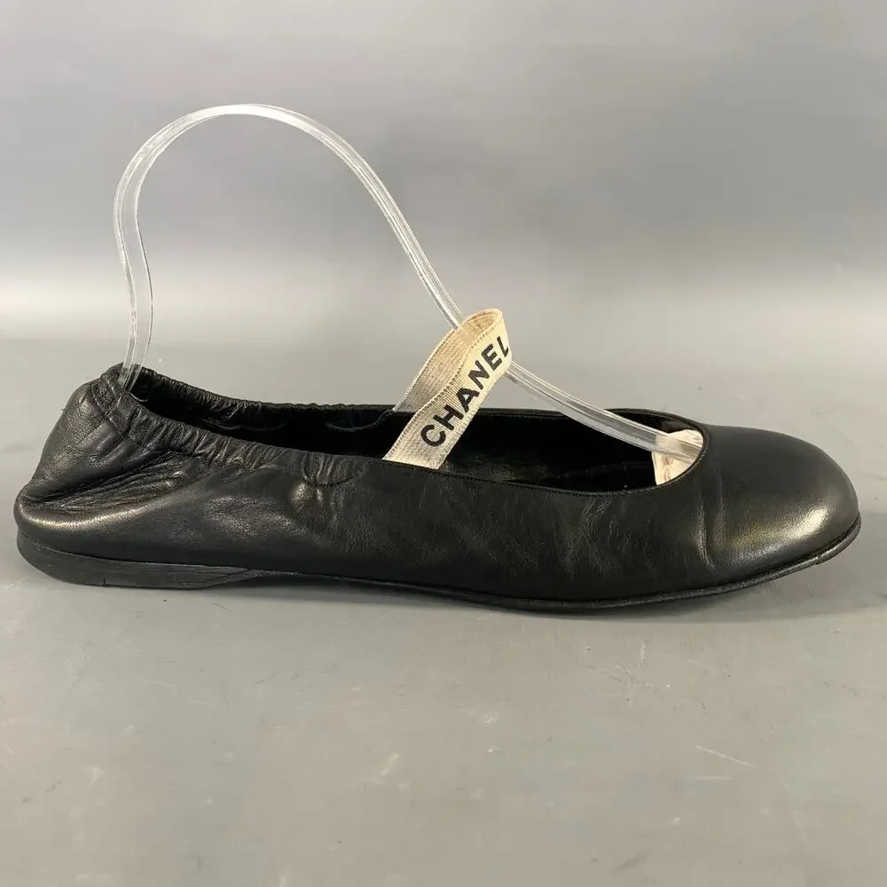 CHANEL Size 9.5 Black Leather Ballet Flats